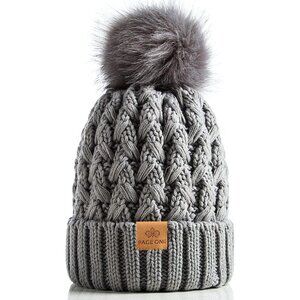 Women’s Light Gray Winter Ribbed Beanie Hat Chunky Cable Knit Pompom Warm